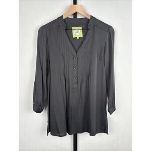 Elizabeth McKay Pleated Blouse 8 Black Women's Silk Blend Gold Button 3/4 Sleeve
